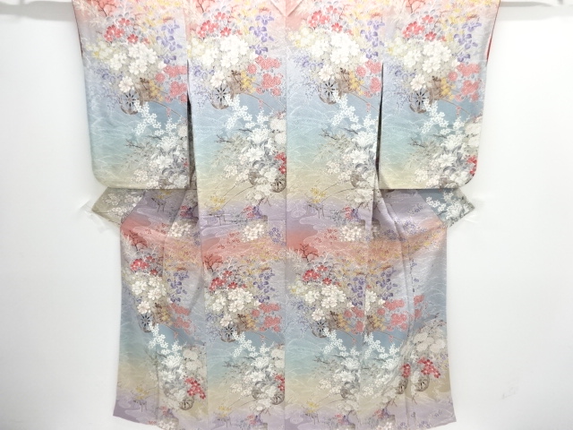 縮緬地花車模様付け下げ小紋着物